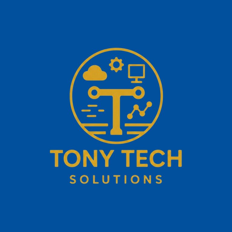 A logo for "TONY TECH SOLUTIONS" featuring a circular icon with a central stylized "T" surrounded by tech symbols, including a cloud, gear, computer monitor, and data graph. The text and icon are in coral pink (Hex #FF6F61) against a deep navy blue background (Hex #003366).